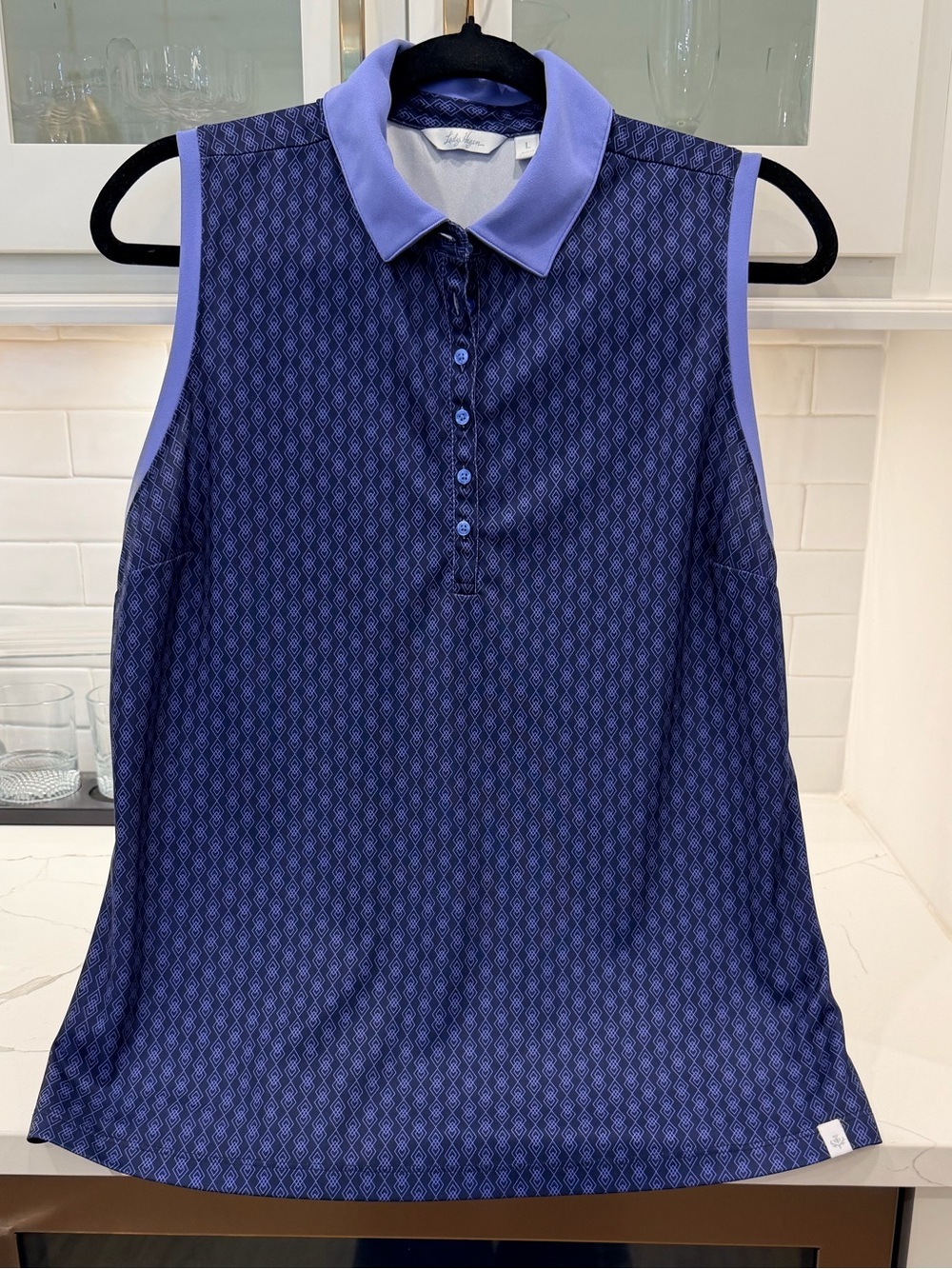 Lady Hagen Golf Geometric Argyle Navy Sleeveless Polo
